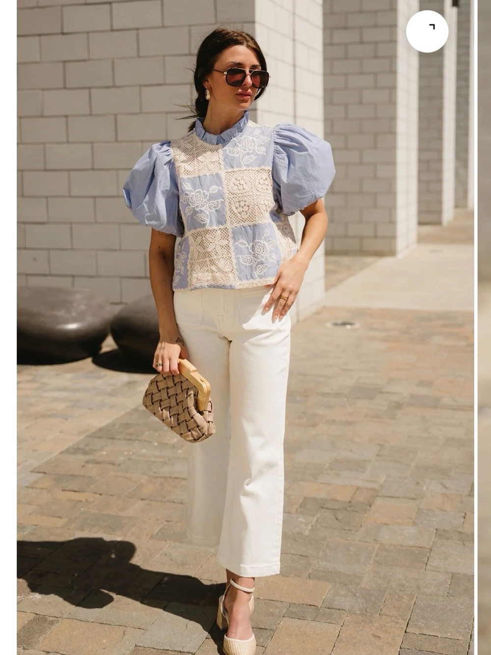 Entro crochet patchwork puff sleeve striped blue white blouse - M